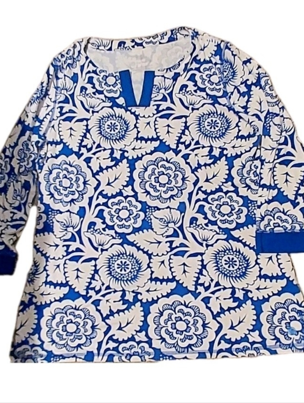 T By Talbots Floral Print Blue White Tunic Large UPF 50+ Popover Boho Bamboo
